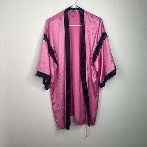 Vintage Victoria's Secret Pink Satin Robe with Black Lace Size XS